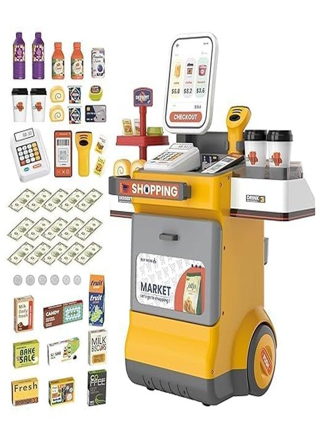 GEMCZA 48 Pcs Cash Register Playset ? Pretend Play Supermarket Toy with Scanner Lights Sounds Play Money & Food for Kids, Yellow - Image 1